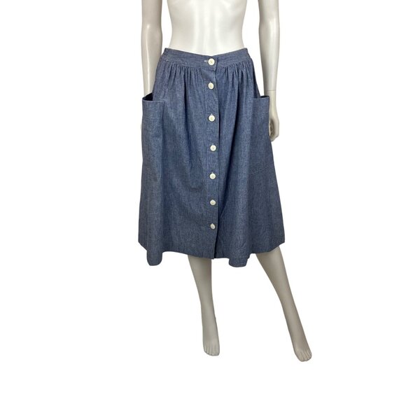 Vintage Dresses & Skirts - Vintage 80s Chambray Skirt Womens Small Blue Fit & Flare Button Down Hip Pockets